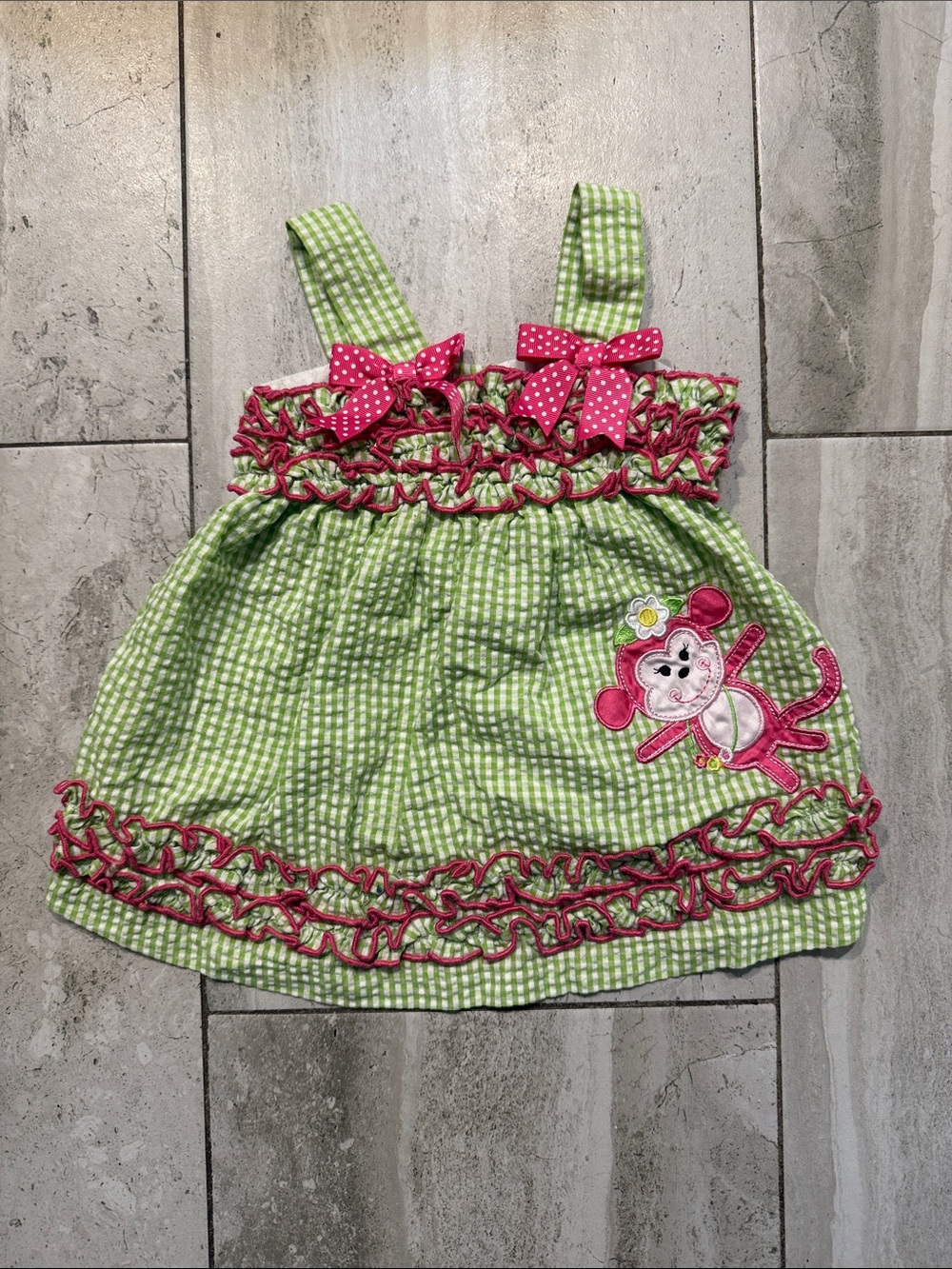 Rare Editions Green Gingham Dress with Pink Trim & Monkey Appliqué